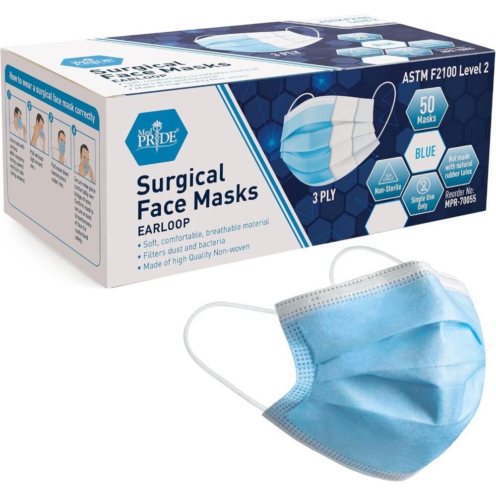 Blue Medical Masks, Pack of 50 Face Masks, Disposable 3-Ply Earloop Masks, Breat